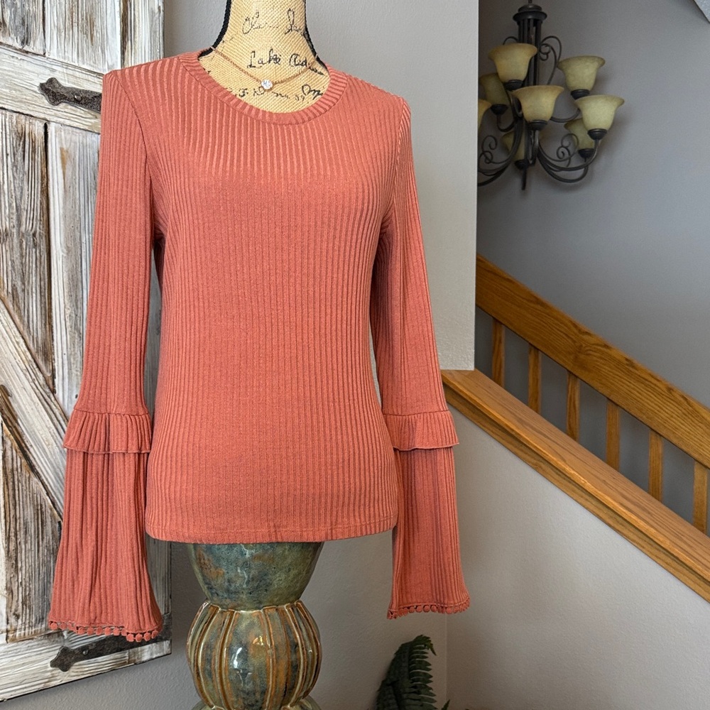 Elegant Altar’d State brand Bell Sleeve Ribbed Top - Terracotta